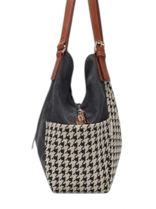 Black & Cream Houndstooth Shoulder Tote with Brown Leather Straps NWT - Picture 6 of 6